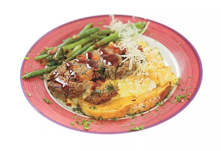 The Ultimate Stack from Charley's Grill and Spirits places meat loaf and mac and cheese on the same plate. - YOUNG KWAK