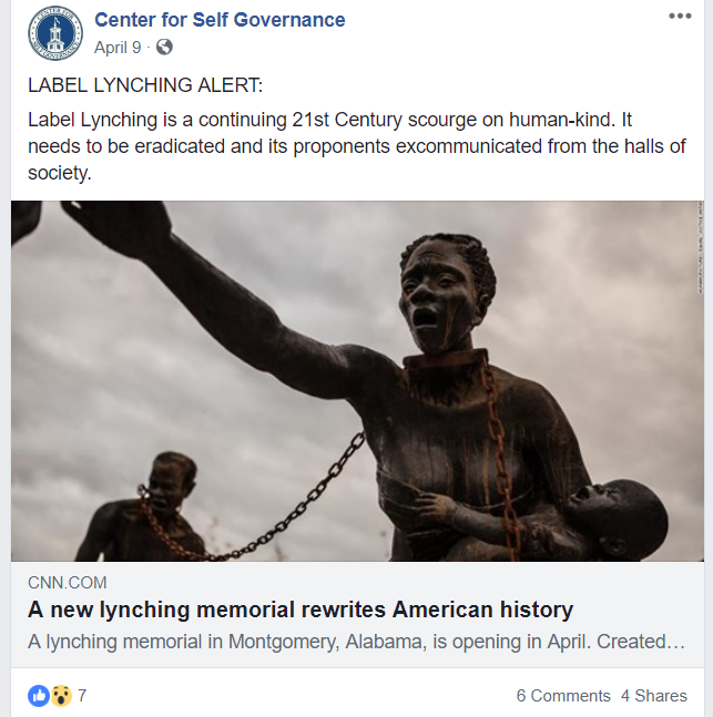 Mark Herr has frequently used the phrase "label lynching" on the Center for Self-Governance Facebook page. - CENTER FOR SELF GOVERNANCE FACEBOOK PAGE SCREENCAP
