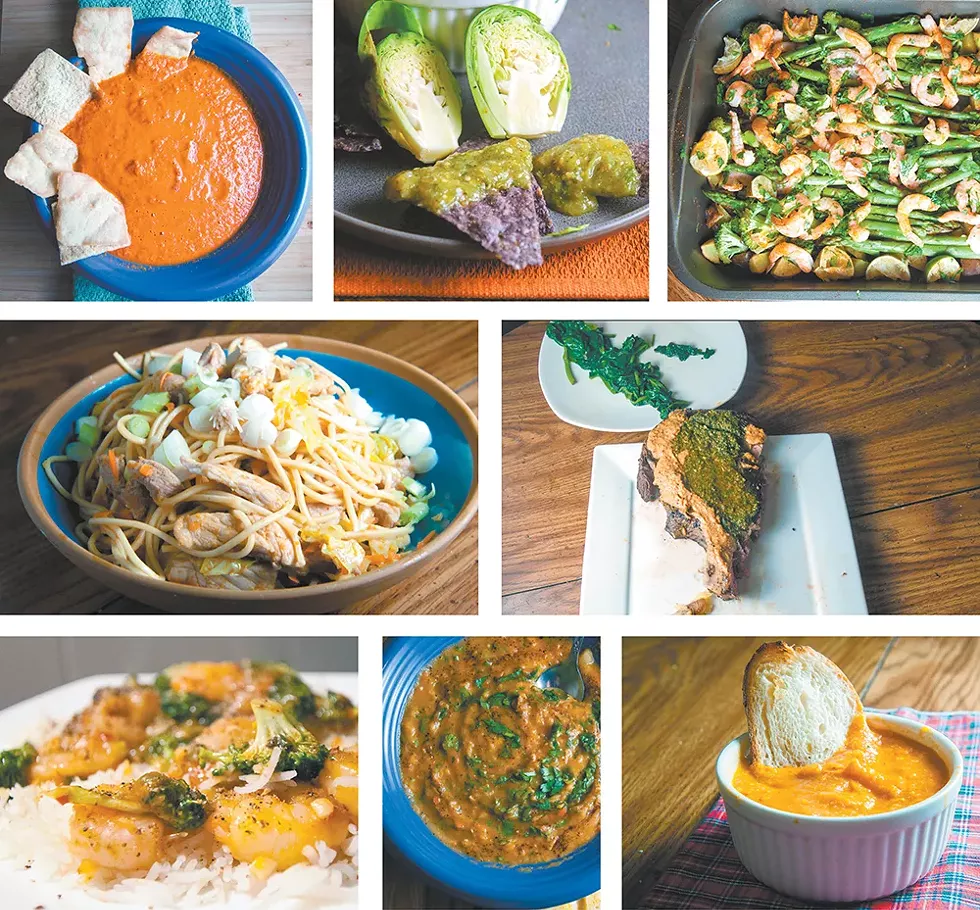 Clockwise, from top left: Spicy harissa; salsa verde (which can't be made with Brussels sprouts); lime shirmp and veggie bake; South American steak; tomato and roasted red pepper soup; red lentil soup; Szechwan shrimp; and Yakisoba noodles. - DANIEL WALTERS PHOTOS