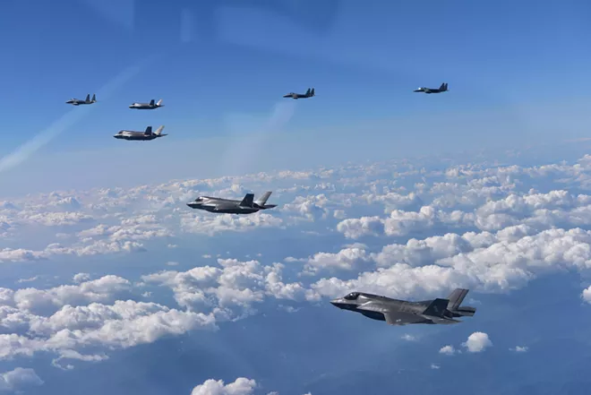 In a photo provided by the Ministry of Defense of South Korea, South Korean F-15K fighter jets and American F-35B stealth jet fighters fly over South Korea during a joint military drill, Aug. 31, 2017. The Pentagon has no plans to suspend additional joint military exercises on the Korean Peninsula, Defense Secretary Jim Mattis said on Aug. 287, 2018, in another indication that the diplomatic thaw between Washington and Pyongyang may be in trouble. - SOUTH KOREAN DEFENSE MINISTRY VIA THE NEW YORK TIMES