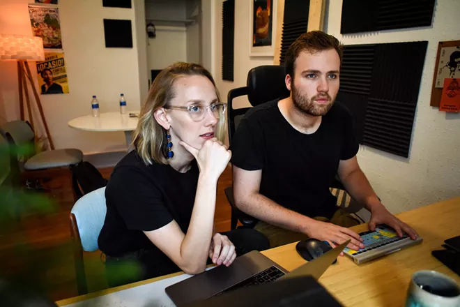 Naomi Burton and Nick Hayes, the duo behind Means of Production, work from their office in Detroit, Mich., Aug.16, 2018. The company creates narrative-based political ads, most notably for Alexandria Ocasio-Cortez. - EMILY ROSE BENNETT/THE NEW YORK TIMES
