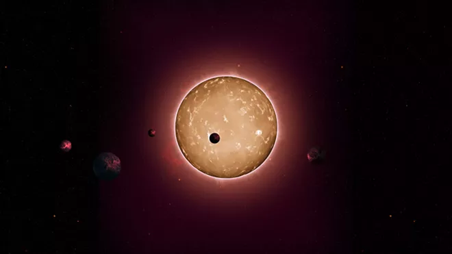 In a photo from Tiago Campante/Peter Devine, an artist's conception of the Kepler-444 system, consisting of five planets orbiting a sun-like star. After nine-and-a-half years in orbit, 530,506 stars observed and 2,662 planets around other stars discovered, the Kepler telescope will be left to drift forever around the sun. - TIAGO CAMPANTE/PETER DEVINE VIA THE NEW YORK TIMES
