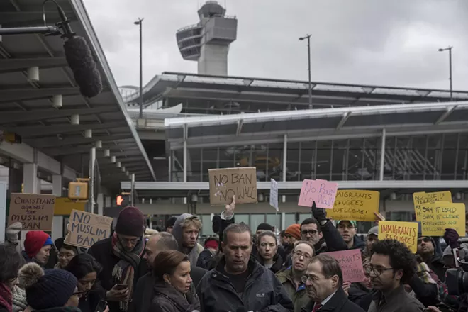 Rep. Jerrold Nadler (D-N.Y.), second from right, participates in a protest against the Trump administration's travel ban at John F. Kennedy International Airport in New York, Jan. 28, 2017. Nadler, under heavy pressure from Democrats, has already begun drawing up ambitious plans for how to use his power as the leader of the House Judiciary Committee — and for now the only “I” word they include is immigration. - VICTOR J. BLUE/THE NEW YORK TIMES
