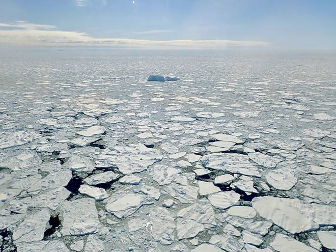 In a photo from NASA, sea ice along Greenland's coast, April 27, 2018. The Arctic has been warmer in the past five years than at any time in the modern era, scientists said. The effects can be felt far beyond the region. - JOE MACGREGOR/NASA ICEBRIDGE VIA THE NEW YORK TIMES