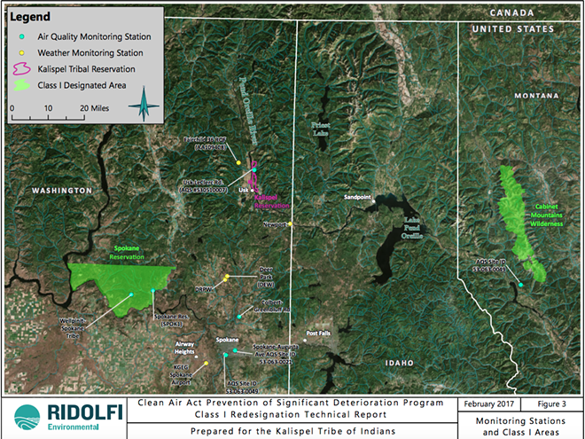 A map prepared by Ridolfi Environmental for the Kalispel Tribe of Indians' redesignation to Class I air over the reservation shows where air monitoring and other Class I space already exists. - KALISPEL TRIBE OF INDIANS/RIDOLFI ENVIRONMENTAL