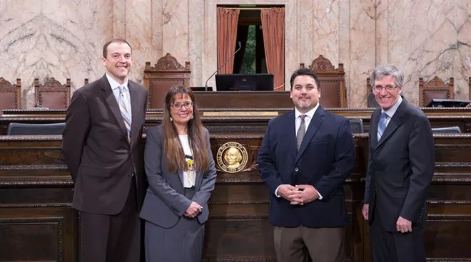 FROM LEFT: Washington state Rep. Marcus Riccelli and Spokane Tribe Chair Carol Evans, Spokane Tribe board member Tiger Peone and Rep. Timm Ormsby pose for a photo in Olympia. - PHOTO COURTESY OF MIKE TEDESCO