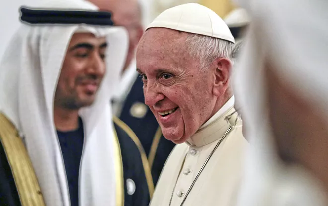 Pope Francis arrives at the airport in Abu Dhabi, United Arab Emirates, Feb. 3, 2019. The pope on Sunday became the first pontiff to visit the Arabian Peninsula, on a trip intended to improve relations with the Muslim world and bolster the Mideast’s persecuted Christian minority. - ANDREW MEDICHINI/POOL VIA THE NEW YORK TIMES