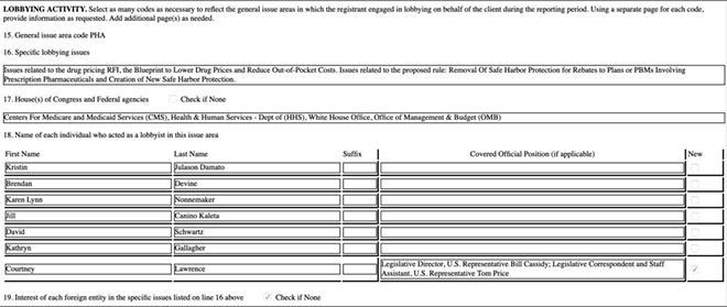 A federal disclosure form filed by Cigna indicates, in the response to No. 17, that Courtney Lawrence lobbied the White House or federal agencies on behalf of the health insurance company. Company officials assert that Cigna filled the form out incorrectly. They blamed a “formatting issue.”