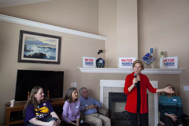 Sen. Elizabeth Warren (D-Mass.), a Democratic presidential hopeful, speaks during an event at a home in Laconia, N.H., Feb. 23, 2019. Warren is set to announce a regulatory plan aimed at breaking up some of America’s largest tech companies, including Amazon, Google, and Facebook. - ELIZABETH FRANTZ/THE NEW YORK TIMES