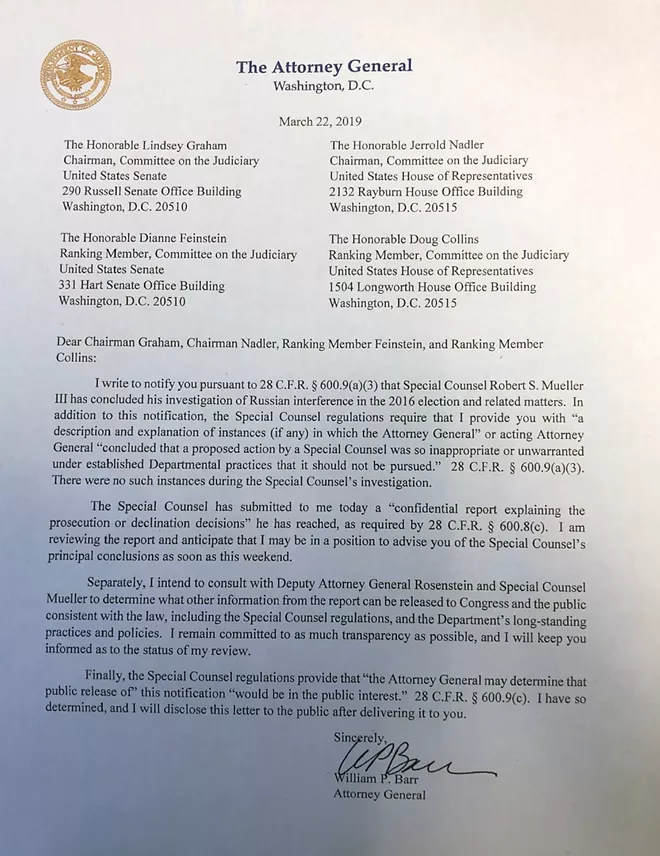 The letter that William Barr, the attorney general, sent to Congress informing them of the receipt of Robert Mueller's report. - HANDOUT VIA THE NEW YORK TIMES