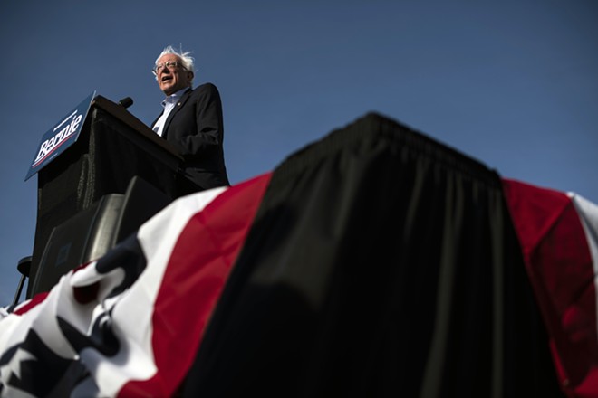 Sen. Bernie Sanders (I-Vt.), a candidate for the Democratic presidential nomination, speaks at a campaign rally in Warren, Mich., on Saturday, April 13, 2019. Some members of the Democratic establishment, resentful over 2016 and worried about a divided 2020 primary, are beginning to ask how to thwart Sanders. - BRITTANY GREESON/THE NEW YORK TIMES