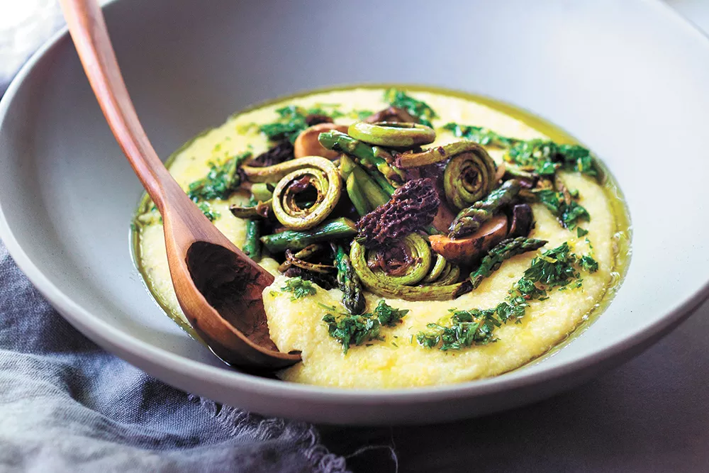Wild morel mushrooms and fiddlehead ferns are both in season and perfect for this dish. - SYLVIA FOUNTAINE PHOTO
