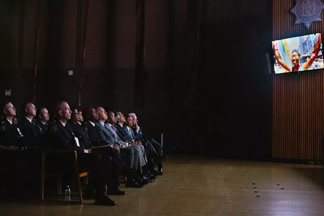 Members of the New York Police Department watch a training video for officers covering pride events during the LGBTQ Pride Month Community Safety Briefing by the NYPD in New York on June 6, 2019. New York’s police commissioner, James O’Neill, apologized on Thursday, June 6, 2019, on behalf of the Police Department for officers’ actions during the Stonewall riots, a seminal 1969 clash outside a Greenwich Village club that is widely regarded as a turning point for the modern gay rights movement. - GABRIELA BHASKAR/THE NEW YORK TIMES