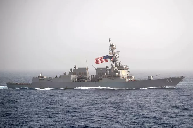 In an image provided by the U.S. Navy, the USS Bainbridge, an Arleigh Burke-class guided-missile destroyer, in the Mediterranean on April 24, 2019. Navy officials said the Bainbridge was “rendering assistance” after the reported attacks on two tankers in the Gulf of Oman on June 13, 2019. - SEAMAN ZACHARY PEARSON/U.S. NAVY VIA THE NEW YORK TIMES