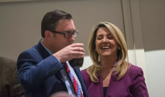 Mayoral candidates Ben Stuckart and Nadine Woodward mix it up after a League of Women Voters' mayoral candidate forum - DANIEL WALTERS PHOTO