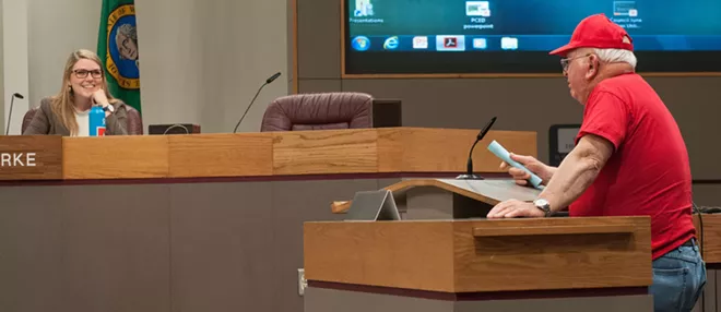 Civic gadfly George McGrath and City Councilwoman Kate Burke during a 2018 council meeting. - DANIEL WALTERS PHOTO