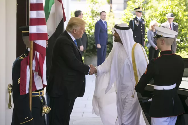 President Donald Trump welcome Crown Prince Sheikh Muhammad bin Zayed Al Nahyan of Abu Dhabi to the White House in Washington, May, 15, 2017. The United States is participating in secret talks between the United Arab Emirates and Israel to confront threats posed by Iran, a shared adversary among the three countries, a foreign official with knowledge of the diplomacy said on Aug. 15, 2019. - AL DRAGO/THE NEW YORK TIMES