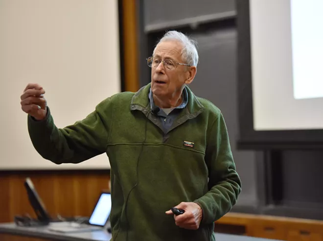 In a photo provided by the university, James Peebles, a professor emeritus at Princeton University, at a lecture in 2018. Peebles and two Swiss astronomers, Michel Mayor and Didier Queloz, have been jointly awarded the Nobel Prize in Physics. - PRINCETON UNIVERSITY VIA THE NEW YORK TIMES