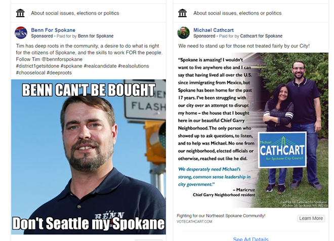 Both Tim Benn and Michael Cathcart have purchased ads on Facebook, despite Facebook claiming they'd refuse to sell political ads in Washington.