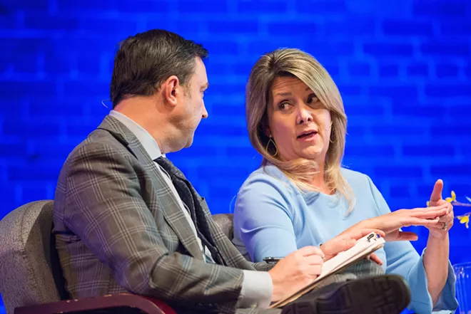 During debates, Nadine Woodward would often hammer home a collection of memorable phrases, while Stuckart would veer into detailed policy explanations. - DANIEL WALTERS PHOTO