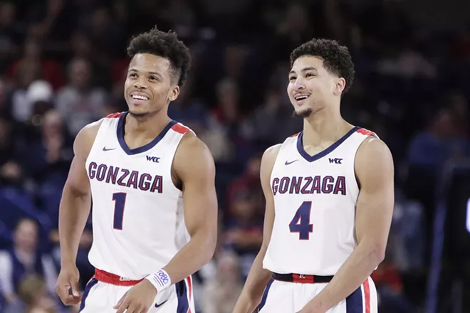 Gonzaga guard Admon Gilder (left) and guard Ryan Woolridge on the court during the second half of a game on Nov. 1, 2019. - YOUNG KWAK PHOTO