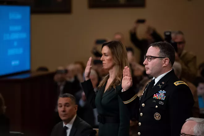Jennifer Williams, a senior aide to Vice President Mike Pence, and Lt. Col. Alexander Vindman, the top Ukraine expert at the National Security Council, are sworn in during the impeachment inquiry hearing in Washington on Tuesday, Nov. 19, 2019. The House Intelligence Committee, led by its chairman, Rep. Adam Schiff (D-Calif.) is examining the case for impeaching President Donald Trump. - ERIN SCHAFF/THE NEW YORK TIMES