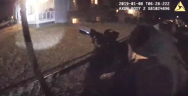 A screengrab from Spokane Police Officer Brandon Rankin's body camera footage depicting the fatal shooting of David M. Novak. Responding officers had previously received reports that Novak was armed. - COURTESY OF SPOKANE POLICE DEPARTMENT