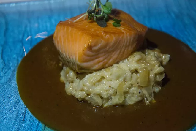 "House cured and smoked Canadian king salmon served over a caramelized sauerkraut, creamy risotto and a sauce au poivre." - DANIEL WALTERS PHOTO