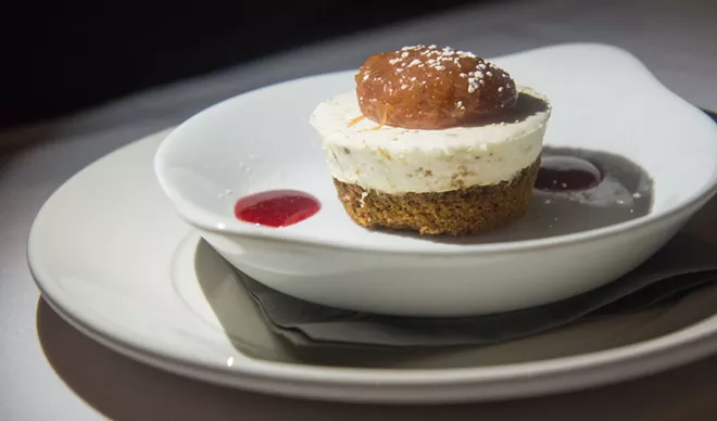 "Lavender-scented cheesecake with a gingersnap crust and topped with Fleur de Sel spices rhubarb compote." - DANIEL WALTERS PHOTO