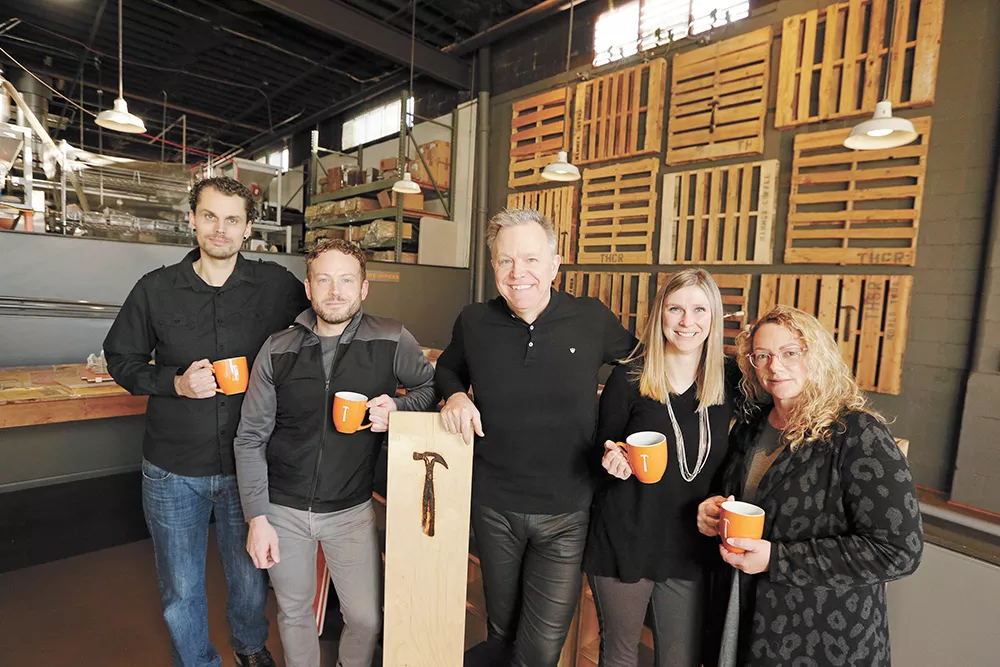 FROM LEFT: Roastmaster Jared Veselits, corporate trainer Chris Anderson, CEO Thomas Hammer, director of sales Amanda Millican and vice president of retail Janet Williams. - YOUNG KWAK PHOTO
