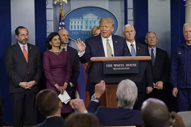 President Donald Trump and members of the coronavirus task force address a news conference at the White House in Washington, Tuesday, March 17, 2020. - DOUG MILLS/THE NEW YORK TIMES