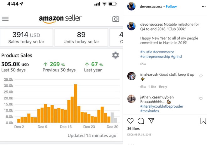 Devon Mahdi's regularly bragged about his Amazon sales on Instagram and Facebook. - INSTAGRAM SCREENSHOT