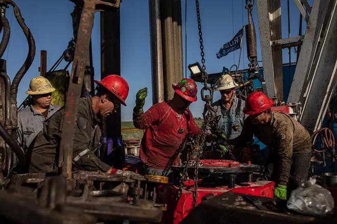 Workers at a drilling rig in Glasslock County, Texas, April 23, 2020. On Friday, May 15, U.S. oil futures climbed more than 7% to nearly $30 a barrel, which is just enough for some of the best oil wells in the United States to break even. - (TAMIR KALIFA/THE NEW YORK TIMES