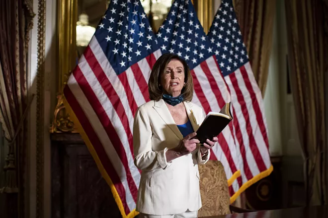 House Speaker Nancy Pelosi (D-Calif.) holds her Bible as she quotes from the Book of Ecclesiastes at the Capitol on Tuesday, June 2, 2020. Democratic leaders in Congress and a pair of Republicans on Tuesday condemned President Donald Trump for his response to protests around the country and in the capital, the day after peaceful demonstrators were gassed in front of the White House so he could pose for a photograph with a Bible. - AL DRAGO/THE NEW YORK TIMES