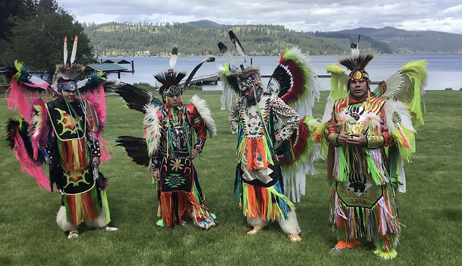 Coeur d'Alene tribal member and former police officer Butch Nomee, right, and his sons protested the killing of George Floyd with a traditional "fancy dance." - SHAINA NOMEE PHOTO