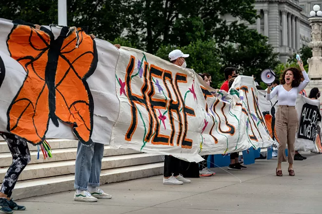 Supporters of the Deferred Action for Childhood Arrivals program demonstrate outside the Supreme Court in Washington, on Thursday, June 18, 2020, after the court ruled on the Obama-era program that protects young immigrants from immediate deportation. The Supreme Court has given President Trump a new opening to rally his right-wing base by arguing that he needs another four years to stack the courts with conservative jurists. - ANNA MONEYMAKER/THE NEW YORK TIMES