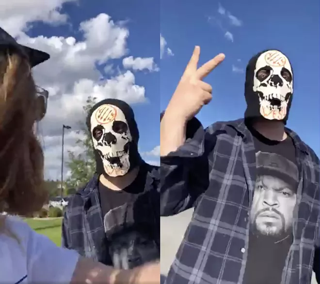 Two screenshots from a video recorded by Black Lives Matter supporter Sam Rowland show a man with a skull mask and an antifa logo at a June 1 Coeur d'Alene protest. - FACEBOOK VIDEO SCREENSHOT