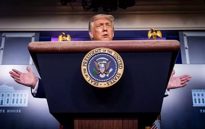 President Donald Trump addresses a news conference at the White House in Washington, Tuesday, July 28, 2020. President Trump did not ask President Vladimir Putin, when they spoke last week by telephone, whether Russian operatives in Afghanistan had paid Taliban-affiliated militants bounties to kill American soldiers, Trump said in an interview, on Tuesday with Axios. - DOUG MILLS/THE NEW YORK TIMES