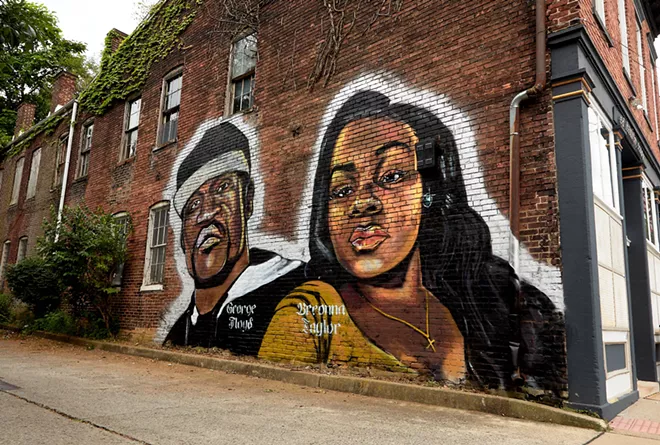 A mural in Louisville, Ky., depicting George Floyd and Breonna Taylor, on June 9, 2020. Floyd died in police custody in Minneapolis in May, and Taylor was killed by the police in Louisville, using a no-knock warrant to enter her apartment with a battering ram, during a late-night drug investigation in March. - ERIK BRANCH/THE NEW YORK TIMES