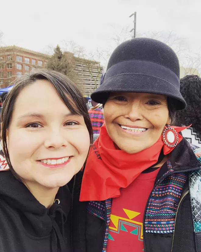 Deb Abrahamson, right, and Tara Ramos in Spokane at the march in solidarity with the Indigenous Peoples March on Washington, D.C., on Jan. 19, 2019.