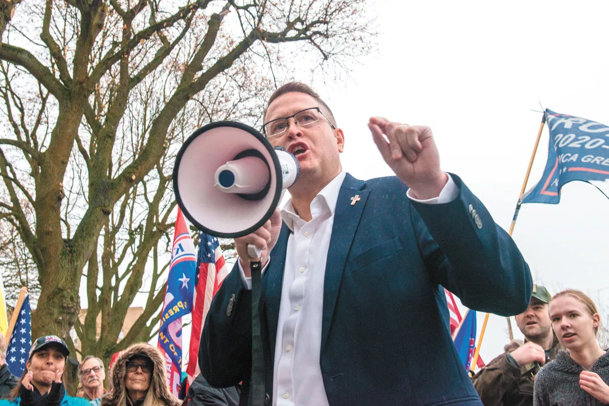 Former state Rep. Matt Shea, at a "Stop the Steal" rally in Spokane last week, falsely blamed the Capitol siege on antifa. - DANIEL WALTERS PHOTO