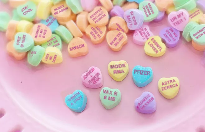 If candy hearts seem dry and flavorless to you, you may need to get tested for COVID-19. - DANIEL WALTERS PHOTO ILLUSTRATION; JILL WELLINGTON CREATIVE COMMONS PHOTO