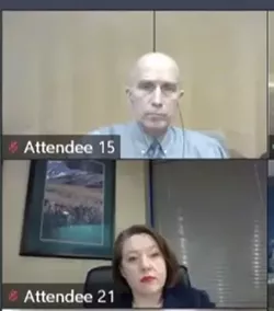 Dr. Bob Lutz (top), the former Spokane Regional Health District health officer, and Amelia Clark, the district's administrator, are shown during the Nov. 5 meeting at which Lutz was fired by the health board. - SCREENSHOT NOV. 5, 2020