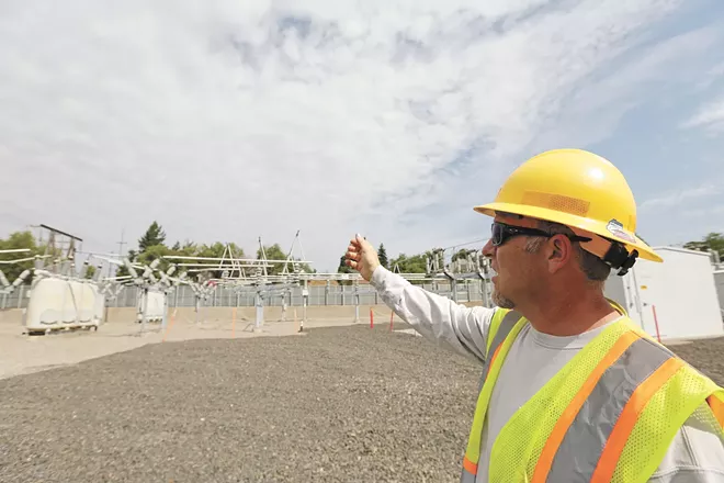 Avista Utilities Substation Inspector Joe Vigliotta describes the elements of a substation near Avista's Spokane headquarters. - YOUNG KWAK PHOTO