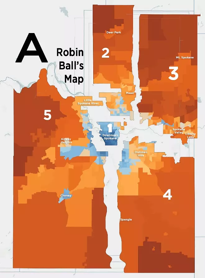 Map A does well at keeping most similar smaller cities in the same district, though it strips out the outer edges of the city of Spokane. - DANIEL WALTERS DATA VISUALIZATION