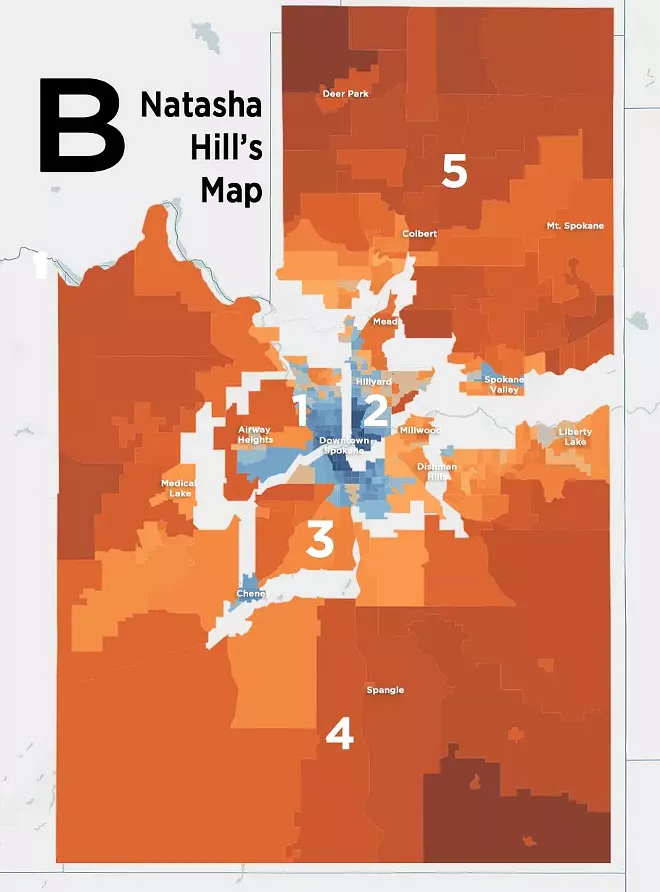 By dividing Spokane three ways, Hill's map gives Democrats the best chance of taking three districts. - DANIEL WALTERS DATA VISUALIZATION