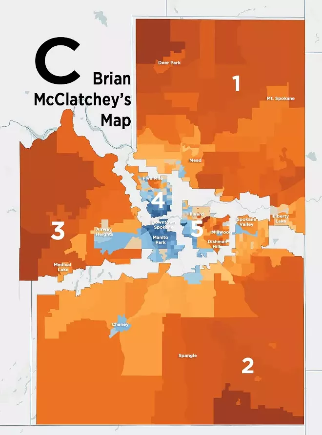McClatchey's map puts Spokane Valley in the same district as Cheney — but not Liberty Lake. - DANIEL WALTERS DATA VISUALIZATION