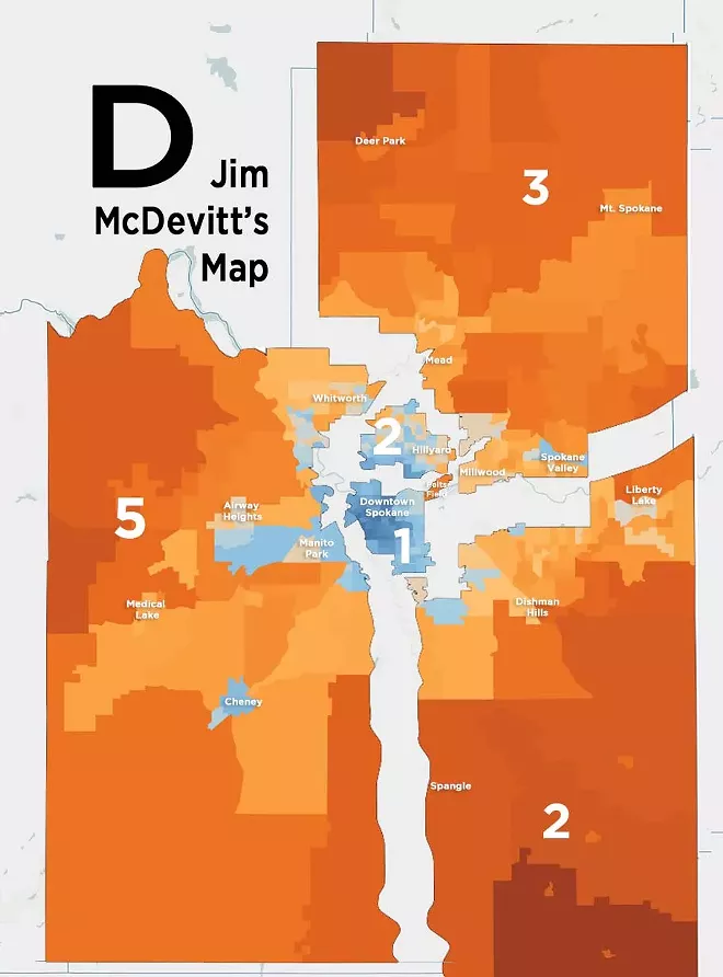 Don't get too weirded out about the "tail" sticking out from District 1 — it's nothing suspicious. It's the location of Felt's Field, and the district simply follows the boundaries of the Spokane River and the borders of the city of Spokane. The old Lewis and Clark school district boundaries looked similar. - DANIEL WALTERS DATA VISUALIZATION