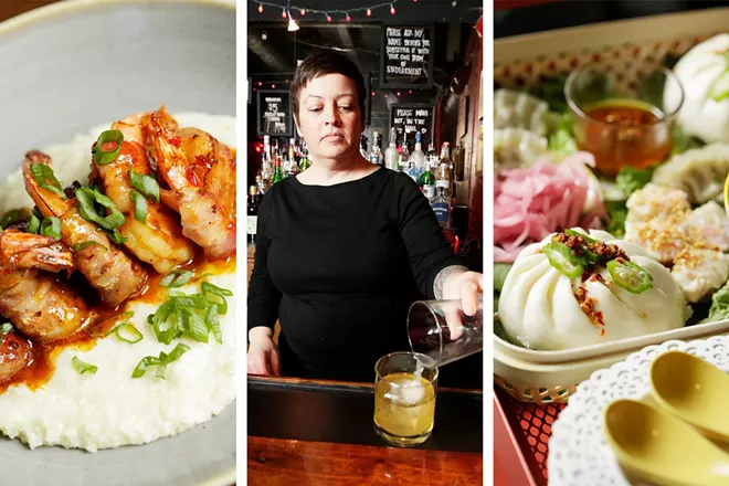 FROM LEFT: Vieux Carre's shrimp and grits, Patty Tully at the Baby Bar and Little Noodle's Asian-inspired eats. - YOUNG KWAK PHOTO