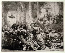 Christ Driving the Money Changers from the Temple by Rembrandt van Rijn, 1635, etching and engraving on paper.